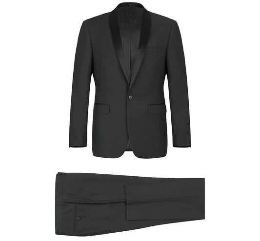 Renoir Mens Suit 201-1-BLK ( Satin Notched Lapel 2-Piece Tuxedo Suit )