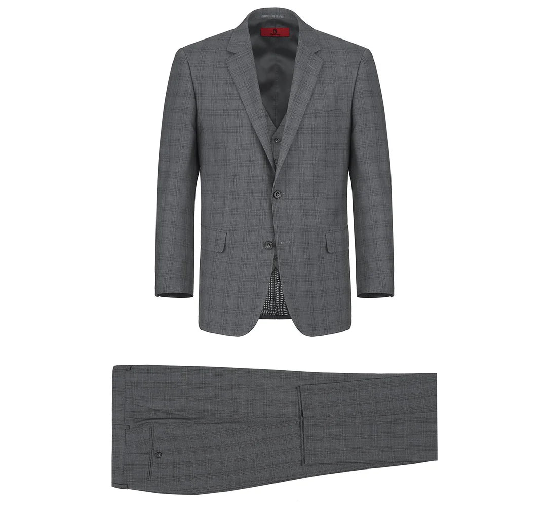 Renoir Men's Suit 278-1-GREY (3-Piece Classic Fit Single Breasted Windowpane Suit)