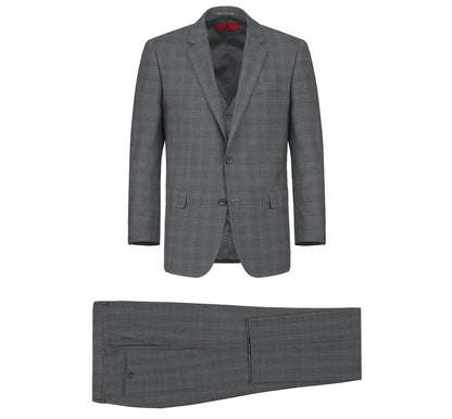 Renoir Men's Suit 278-1-GREY (3-Piece Classic Fit Single Breasted Windowpane Suit)