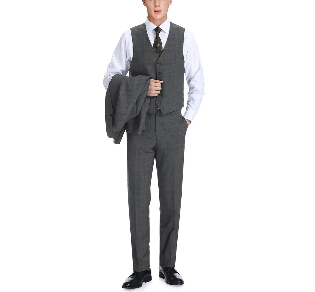 Renoir Men's Suit 278-1-GREY (3-Piece Classic Fit Single Breasted Windowpane Suit)