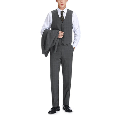 Renoir Men's Suit 278-1-GREY (3-Piece Classic Fit Single Breasted Windowpane Suit)