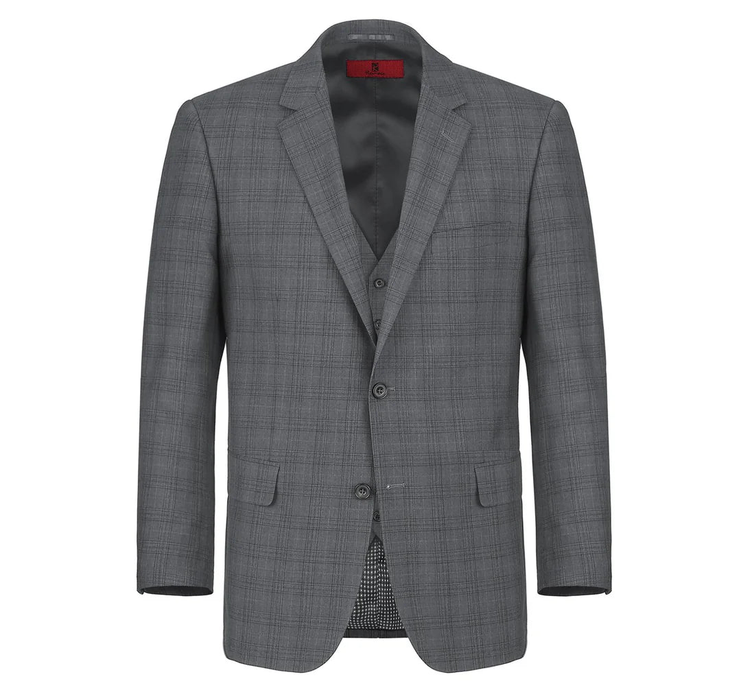 Renoir Men's Suit 278-1-GREY (3-Piece Classic Fit Single Breasted Windowpane Suit)