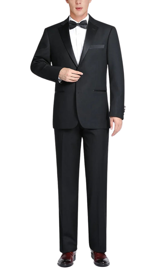 Renoir Mens Suit 201-1-BLK ( Satin Notched Lapel 2-Piece Tuxedo Suit )
