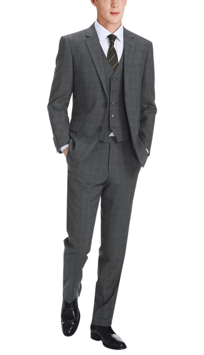 Renoir Men's Suit 278-1-GREY (3-Piece Classic Fit Single Breasted Windowpane Suit)